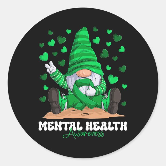 Mental Health Awareness Month Green Ribbon Gnome  Classic Round Sticker (Front)