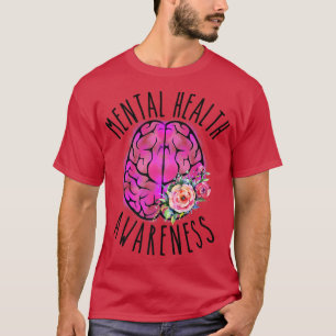 Mental Health Awareness Pink Brain Flowers Floral T-Shirt