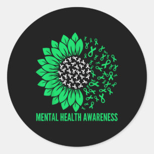Mental Health Awareness Sunfower Ribbon Green  Classic Round Sticker