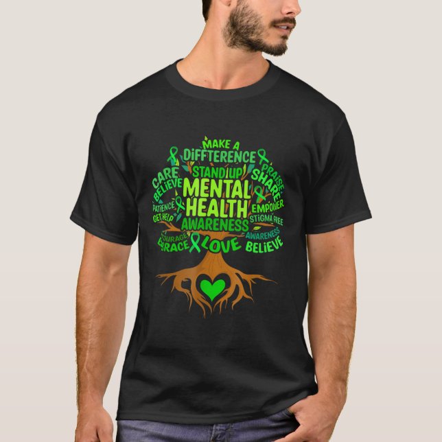 Mental Health Awareness Tree Mens Womens Grreen Ri T-Shirt (Front)