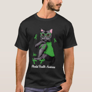 Mental Health Awareness Warriors Black Cat & Green T-Shirt