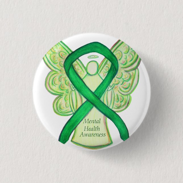Mental Health Green Awareness Ribbon Angel Pin (Front)