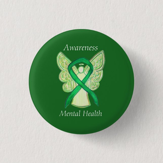 Mental Health Green Awareness Ribbon Angel Pin (Front)