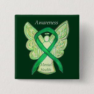 Mental Health Green Awareness Ribbon Angel Pin