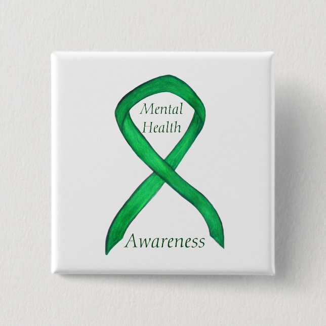 Mental Health Green Awareness Ribbon Custom Pin (Front)