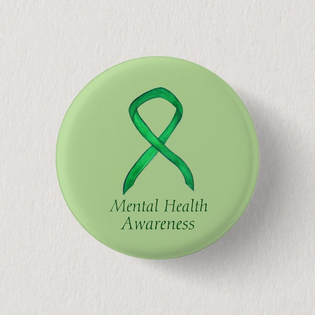 Mental Health Green Awareness Ribbon Custom Pin (Front)