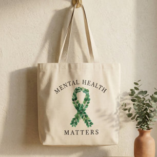 Mental Health Matters Botanical Green Ribbon Large Tote Bag