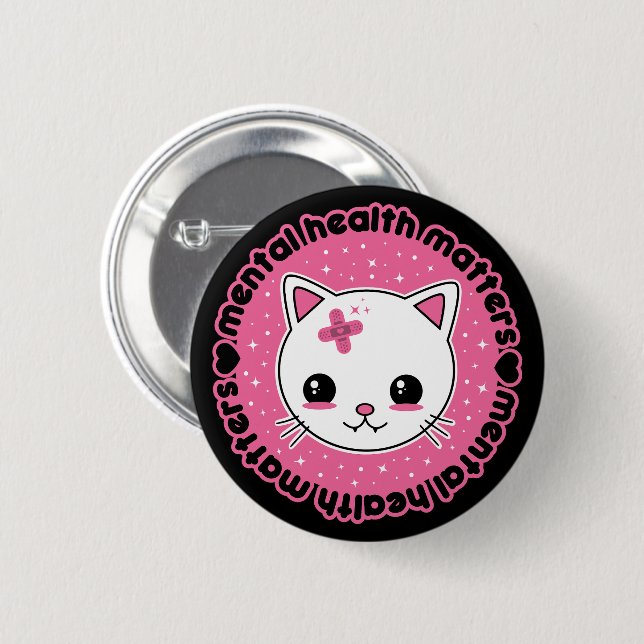 Mental Health Matters Kawaii Cat 6 Cm Round Badge (Front & Back)