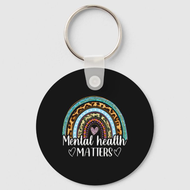 Mental Health Matters Leopard Print Boho Rainbow A Key Ring (Front)