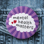 Mental health matters pinback badge<br><div class="desc">Pinback button badge featuring the text mental health matters with red hearts on a white brain on a purple sunburst background. All colours are customisable in the design tool.</div>