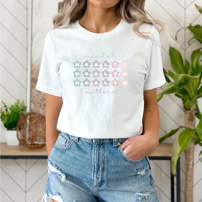 Mental Health Matters | Retro Flowers French Grey  T-Shirt (Mental Health Matters shirt | Retro Flowers French Gray | Aesthetic t-shirt)