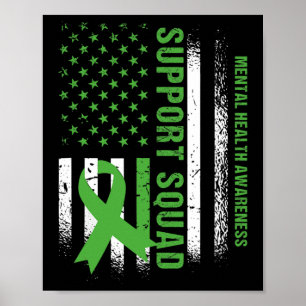Mental Health Squad Awareness Us Flag Green Ribbon Poster