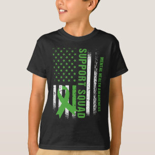 Mental Health Squad Awareness Us Flag Green Ribbon T-Shirt