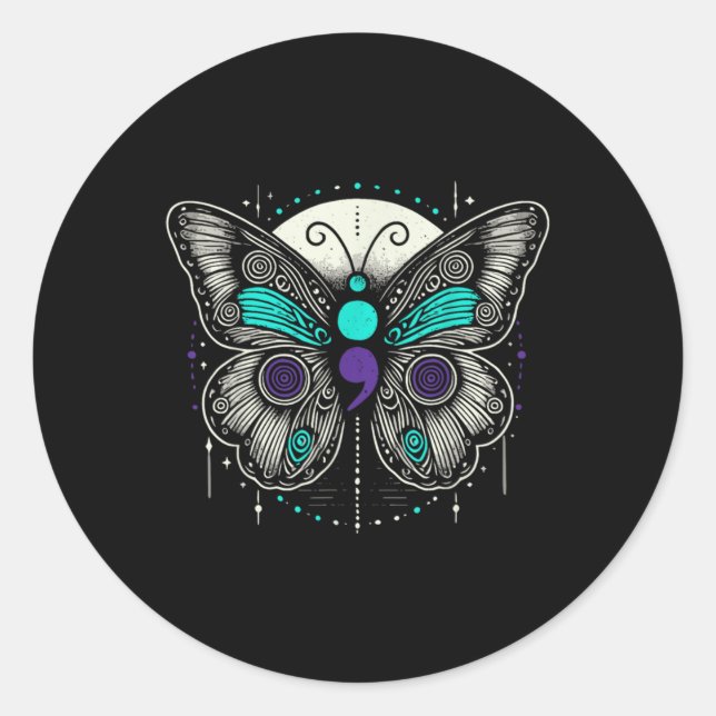 Mental Health Suicide Awareness Semicolon Butterfl Classic Round Sticker (Front)