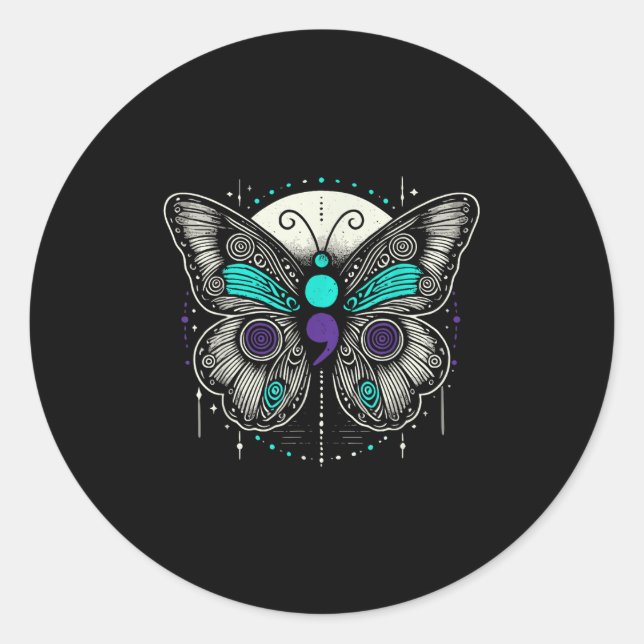 Mental Health Suicide Awareness Semicolon Butterfl Classic Round Sticker (Front)