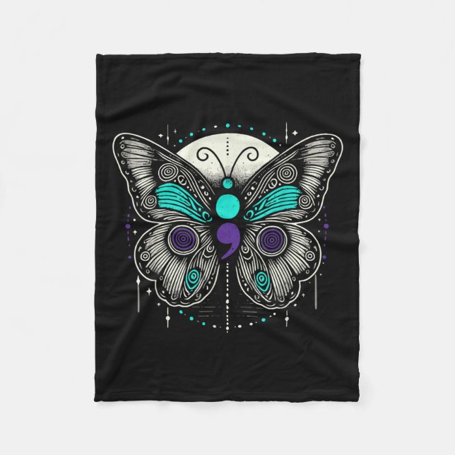 Mental Health Suicide Awareness Semicolon Butterfl Fleece Blanket (Front)