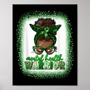 Mental Health Warrior Afro Messy Bun Leopard Black Poster