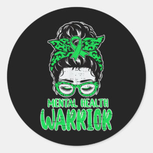 Mental Health Warrior Awareness Messy Bun Hair Gre Classic Round Sticker