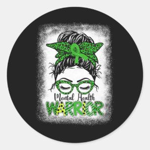 Mental Health Warrior Messy Bun Women Mental Healt Classic Round Sticker