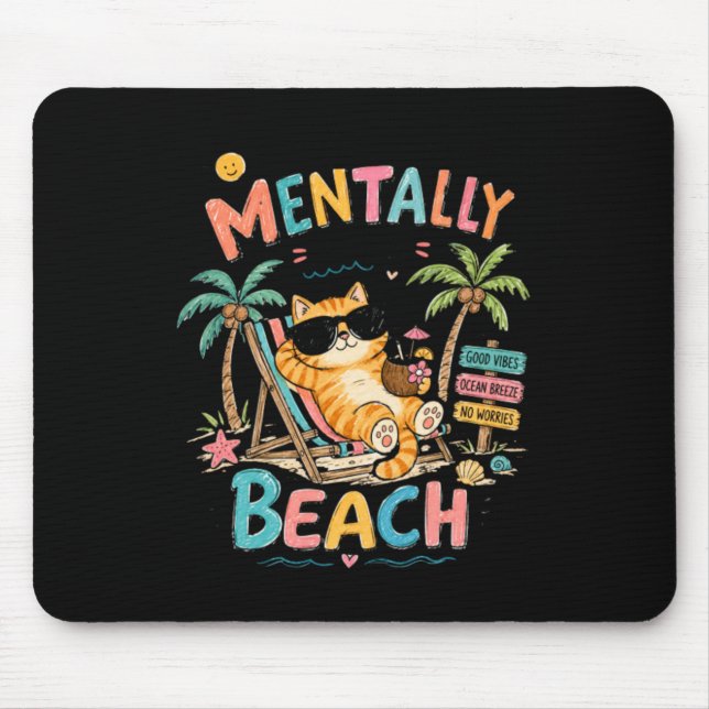 Mentally At The Beach Funny Cat Summer Doodle Art Mouse Mat (Front)
