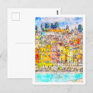 Menton France Famous Travel Place Watercolor Postcard