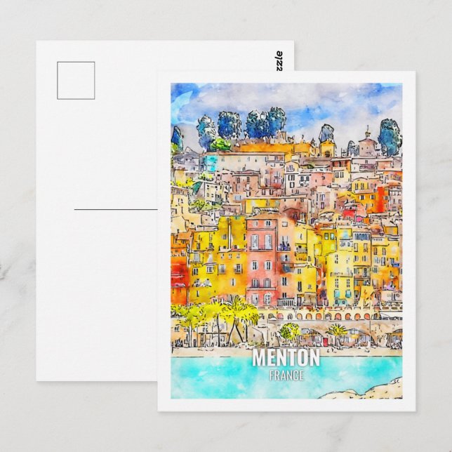 Menton France Famous Travel Place Watercolor Postcard (Front/Back)