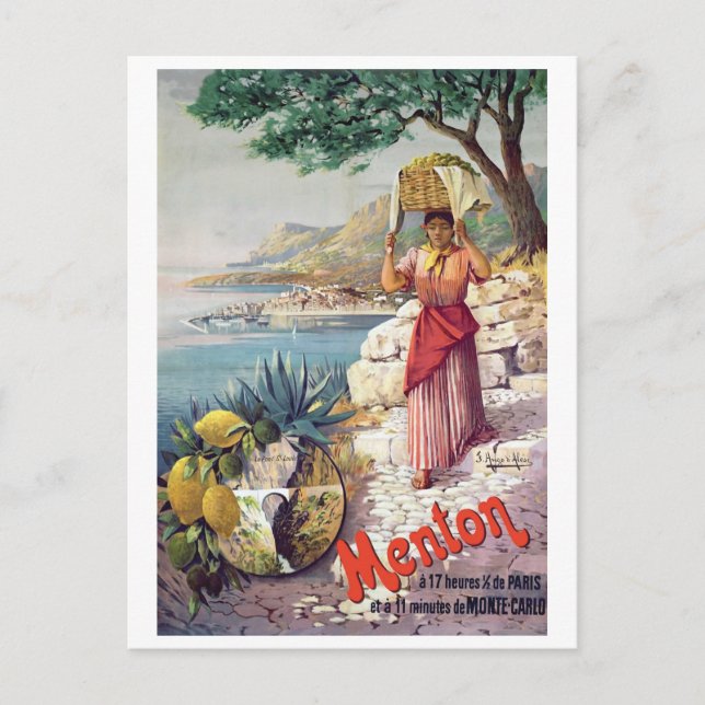 Menton, France, girl with head basket on the coast Postcard (Front)