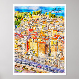 Menton France vintage travel watercolor Poster