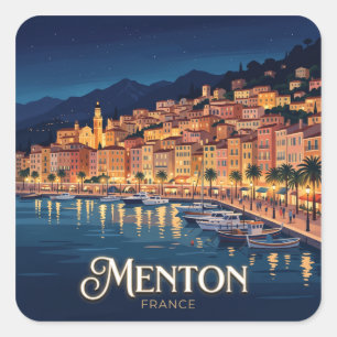 Menton Waterfront at Night France Square Sticker