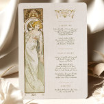 Menu Art Nouveau Wedding Dinner by Mucha Invitation<br><div class="desc">Add a touch of elegance and sophistication to your wedding reception with this Art Nouveau Wedding Menu. The watercolor artwork features one of Mucha's Muses holding a glass of champagne, creating a sense of luxury and celebration. The Art Nouveau style is chraacterised by its flowing lines and floral motifs, making...</div>