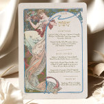 Menu Art Nouveau Wedding Dinner by Mucha Invitation<br><div class="desc">Add a touch of elegance and sophistication to your wedding reception with this Art Nouveau Wedding Menu. The watercolor artwork features one of Mucha's Muses holding a glass of champagne, creating a sense of luxury and celebration. The Art Nouveau style is chraacterised by its flowing lines and floral motifs, making...</div>