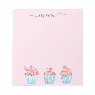Menu blush pink baking blue cupcakes notepad