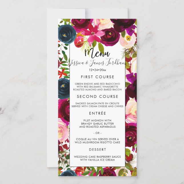Menu Burgundy, Blush+Navy Watercolor Flowers Card (Front)