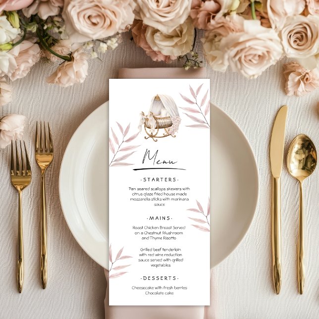 Menu Card Baby Shower Brunch Dusty Pink Gold Leave (Creator Uploaded)