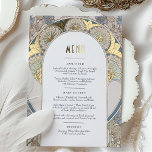 Menu Card Dusty Blue Gold Art Nouveau Mucha<br><div class="desc">Elevate your dining experience with our stunning menu card, featuring Navy Blue Bougainvilleas and ornate details inspired by Alphonse Mucha's iconic Art Nouveau style. Printed with real foil, this menu card is a true masterpiece that adds elegance and sophistication to any event. The intricate details surrounding the menu information on...</div>