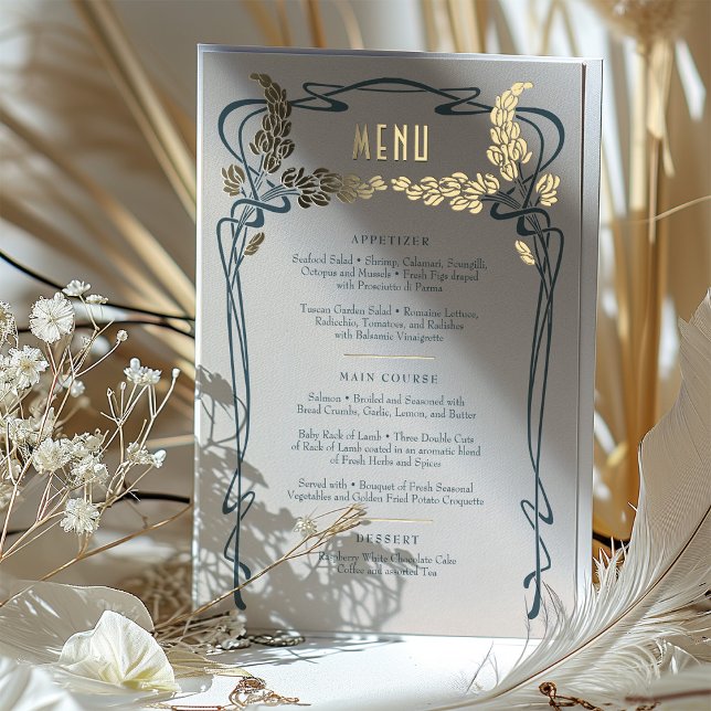 Menu Card Vintage Art Nouveau Teal Gold Foil (Creator Uploaded)