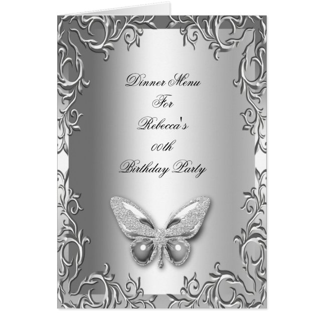 Menu Dinner Card Silver Grey Butterfly Floral (Front)