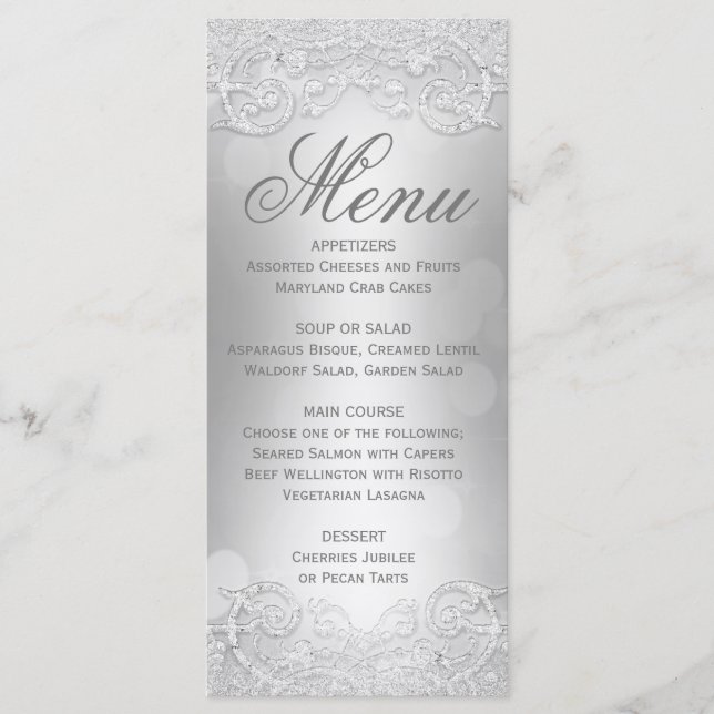Menu Elegant Silver Faux Glitter (Front)