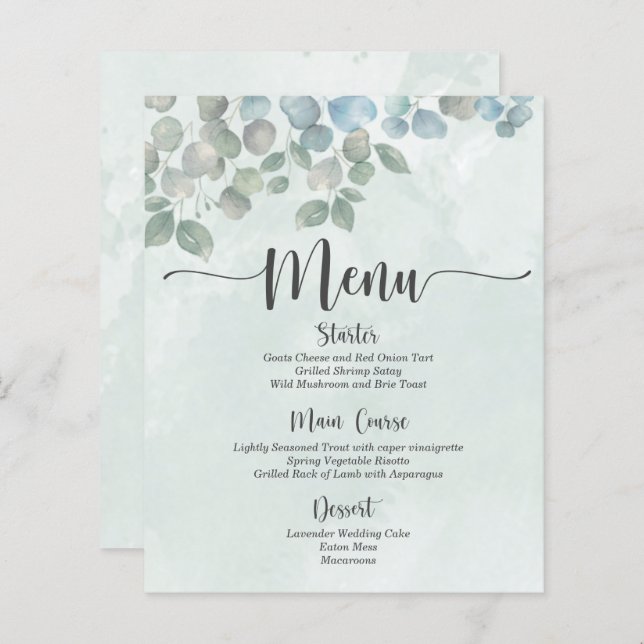 Menu Eucalyptus sage green watercolor (Front/Back)