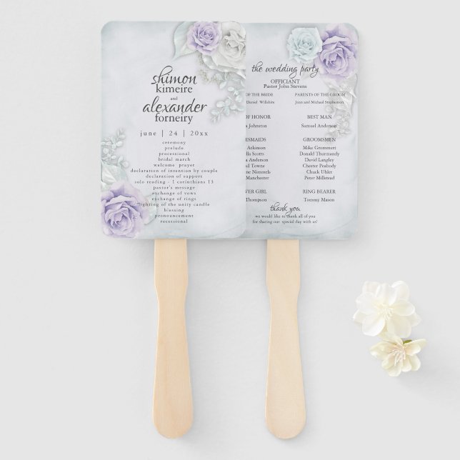 Menu Fan Elegant Lilac Blue White Rose Floral (Front and Back)