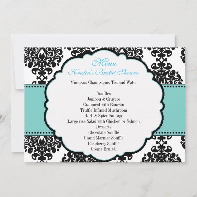 Menu for Blue Bridal Shower Damask Invitation (Front)