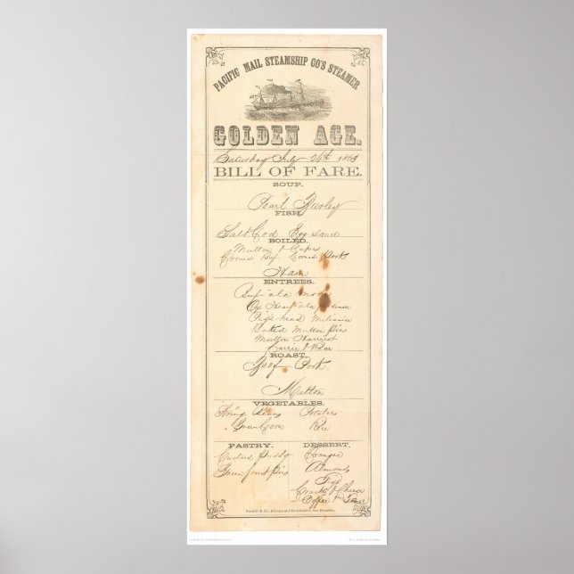 Menu for Steamer "Golden Age" (1276A) Poster (Front)
