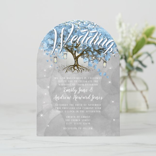 Menu Mason Jar Blue Heart Leaf Tree Watercolor Invitation (Standing Front)
