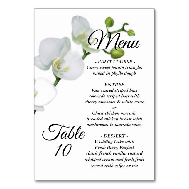 Menu: modern and minimalist whit withe orchid and  table number (Front)