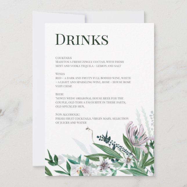 Menu Poets Garden, Wild Bouquet Invitation (Back)