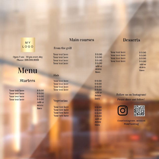 Menu price list restaurant bar cafe window cling (Sheet 2)