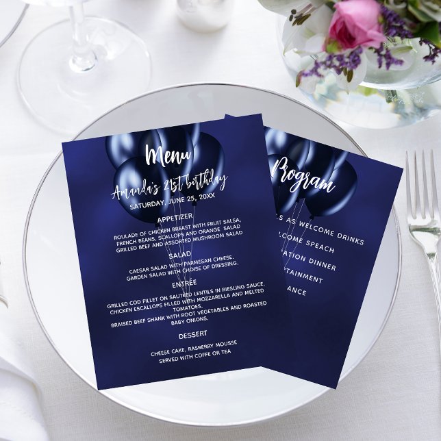 Menu program navy blue white balloons budget (Creator Uploaded)