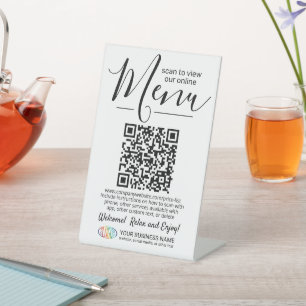 Menu QR Code Generator & Business Logo White Pedestal Sign