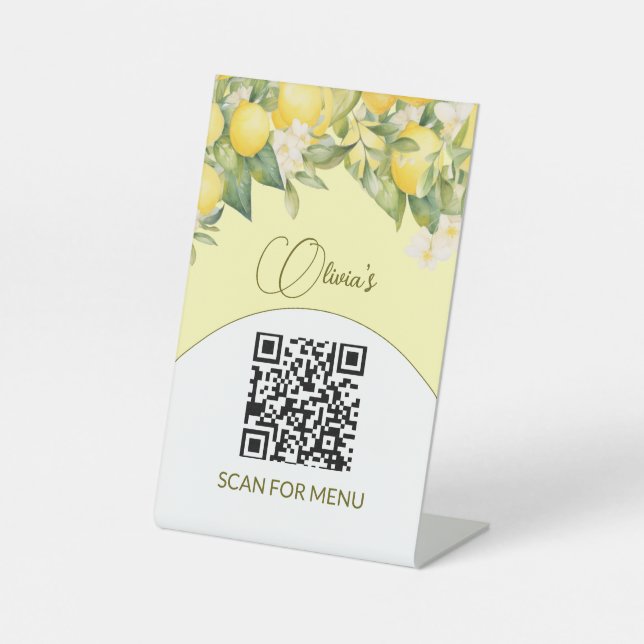 Menu Services QR Code Lemon Floral Citrus  Pedestal Sign (Front)