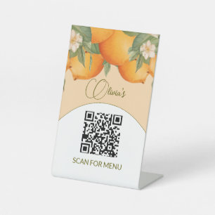 Menu Services QR Code  Orange Floral Citrus  Pedestal Sign